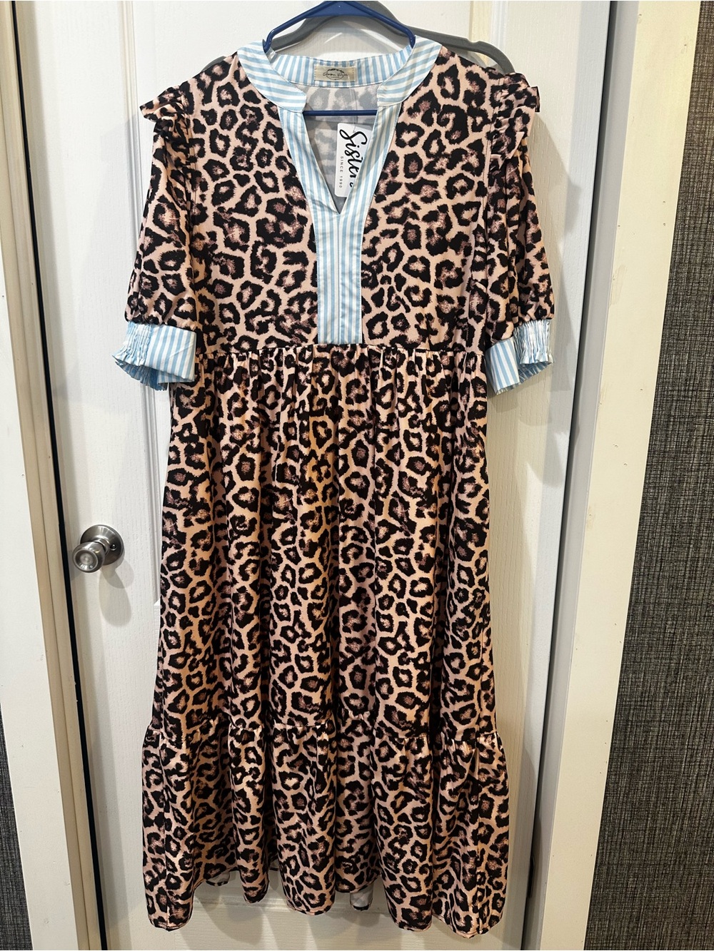 Women’s Leopard Print Tiered Dress with Blue Stripe Trim